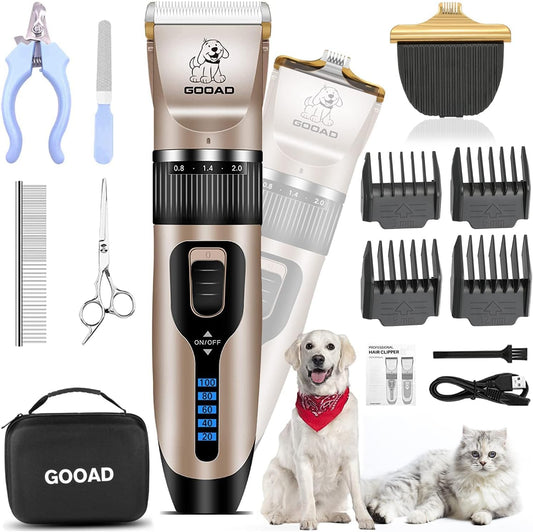 Professional Dog Grooming Clippers Kit for Thick Coats - Low Noise Rechargeable Cordless Trimmer with Paw Trimmer for Small and Large Dogs and Cats